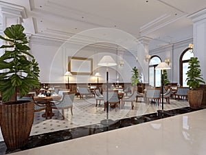 Luxury bar hotel interior with wooden furniture and mosaic tiled floor