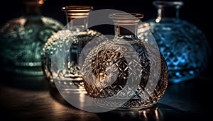 Luxury bar showcases ornate antique glassware collection, illuminated in blue generated by AI