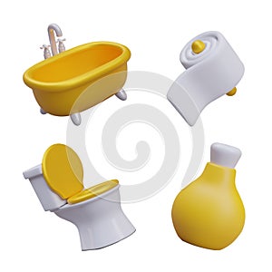 Luxury bath, soft toilet paper, toilet with gold seat, yellow bottle for liquid cosmetic product