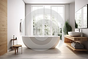 luxury bathroom decor architecture white modern wood bathtub home house interior. Generative AI.