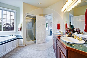 Luxury bathroom with door to master bedroom