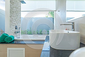 Luxury bathroom features basin  bathtub