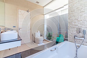Luxury bathroom features basin, toilet bowl and bathtub home house  building  hotel  resort