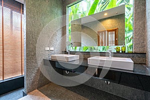 Luxury bathroom features basin, toilet in the house or home building