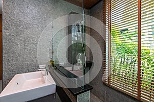 Luxury bathroom features basin toilet with shower head