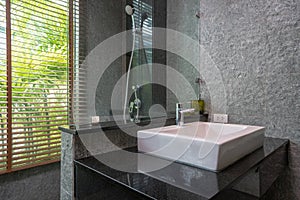 Luxury bathroom features basin toilet with shower head