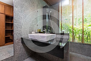 Luxury bathroom features basin toilet with shower head