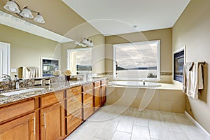 Luxury bathroom with fireplace and bay view.