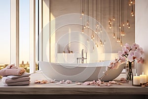 Luxury bathroom interior with bathtub and flowers. Relax bodycare, beauty and health concept. Generative AI