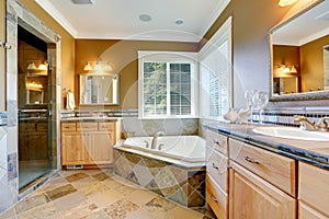 Luxury bathroom interior with corner bath tub