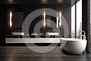 Luxury bathroom interior. Modern big white bathtub. Generative AI