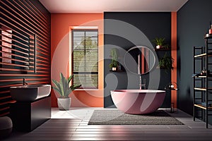 Luxury bathroom interior. Modern pink bathtub, vibrant colors. Generative AI