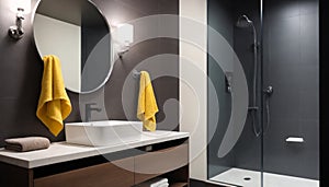 Luxury Bathroom Interior With Shower, Toilet, Mirror And Yellow Towels
