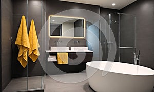 Luxury Bathroom Interior With Shower, Toilet, Mirror And Yellow Towels