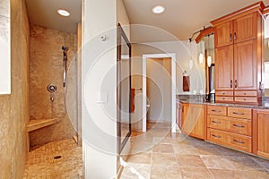 Luxury bathroom with large storage combination and open shower