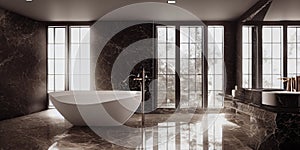 Luxury bathroom with marble. Modern interior hotel or home design with clean and elegance space. Natural lighting window