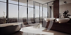 Luxury bathroom with marble. Modern interior hotel or home design with clean and elegance space. Natural lighting window