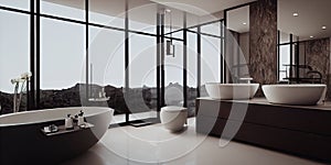 Luxury bathroom with marble. Modern interior hotel or home design with clean and elegance space. Natural lighting window