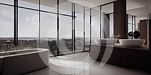 Luxury bathroom with marble. Modern interior hotel or home design with clean and elegance space. Natural lighting window