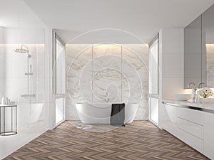 Luxury bathroom with white marble backdrop walls 3d render