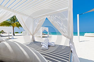 Luxury beach background. White beach tent and loungers and blue sea background and palm trees and blue sky