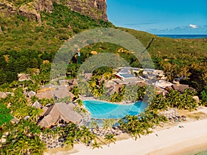 Luxury beach with hotel resort in Mauritius. Sandy beach. Aerial view