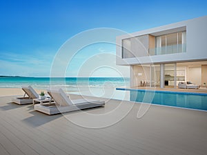 Luxus pláž dům more plavání bazén a terasa v hala židle na dřevěný patro paluba na dovolená 