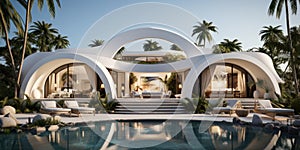 Luxury beach house with swimming pool in modern design. Generative AI