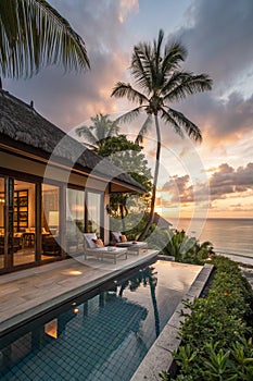 Luxury beach resort, bungalow near endless pool over sea sunset, evening on tropical island, summer vacation concept photo