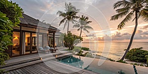 Luxury beach resort, bungalow near endless pool over sea sunset, evening on tropical island, summer vacation concept photo