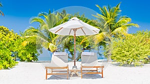 Sunbeds under tropical palm tree leaves on beach. Luxury couple destination, happy relax beach scenic, resort hotel