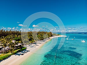 Luxury beach with resort and ocean in Mauritius. Aerial view