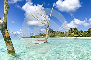 Luxury beach resort with over water hammock and water villas. Perfect tropical vacation destination. Summer beach