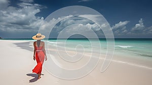 Luxury beach vacation elegant tourist woman walking relaxing in red beachwear and sunhat on white sand beach. Generative ai