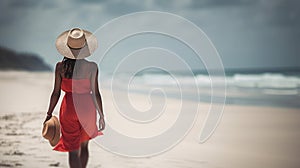 Luxury beach vacation elegant tourist woman walking relaxing in red beachwear and sunhat on white sand, generative ai