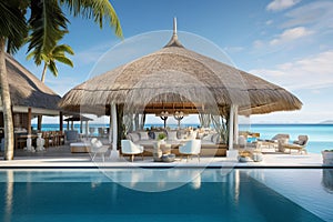 Luxury Beachfront Resort: Serene Infinity Pool, Stylish Patio, and Ocean Paradise