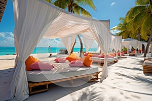 Luxury beachfront white canopies at a resort, scenic beach view