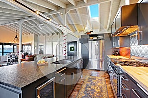 Luxury beautiful dark modern kitchen with vaulted wood ceiling.