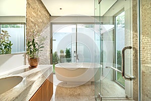 Luxury beautiful interior real bathroom features basin with bright space