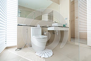 Luxury beautiful interior real bathroom features basin, toilet bowl in the house or home building