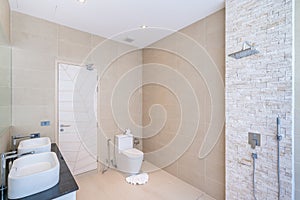 Luxury beautiful interior real bathroom features basin, toilet bowl in the house or home building