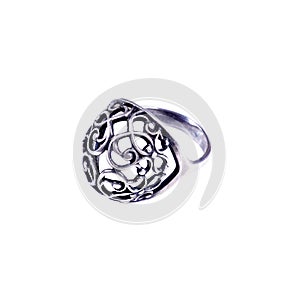 Luxury beautiful silver wicker ring on a white background.