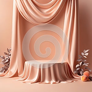 Luxury beauty product podium stage with silk fabric on trendy peach Fuzz background.