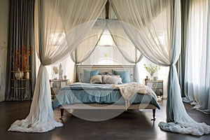 luxury bedroom with big window, white curtains and comfortable bed, A dreamy canopy bed draped with sheer fabric in a spacious