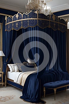 luxury bedroom with blue velvet upholstered furniture and gold curtains
