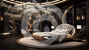 Luxury bedroom created with Generative AI. Big double bed with pillows, lamps and big windows.