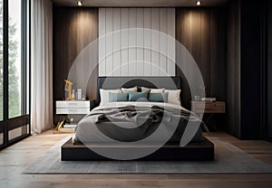 luxury bedroom interior with bedding sheet dark tone and modern style