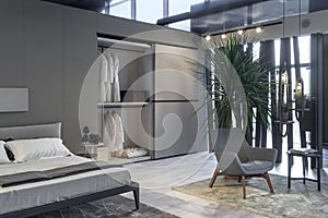 Luxury bedroom interior with big ded, wardrobe and houseplant.