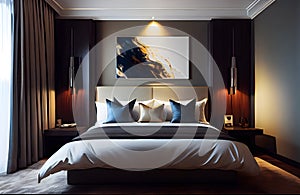 Luxury bedroom interior with black and white pillows on a bed. AI Generative