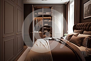 Luxury bedroom interior in brown tones with a bed and wardrobe